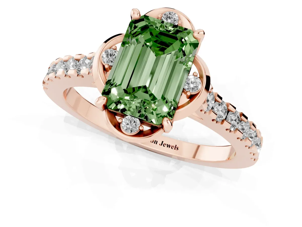 Fancy Green Emerald Cut Diamond Ring with Pavé Band and Floral Prong Setting Rose gold