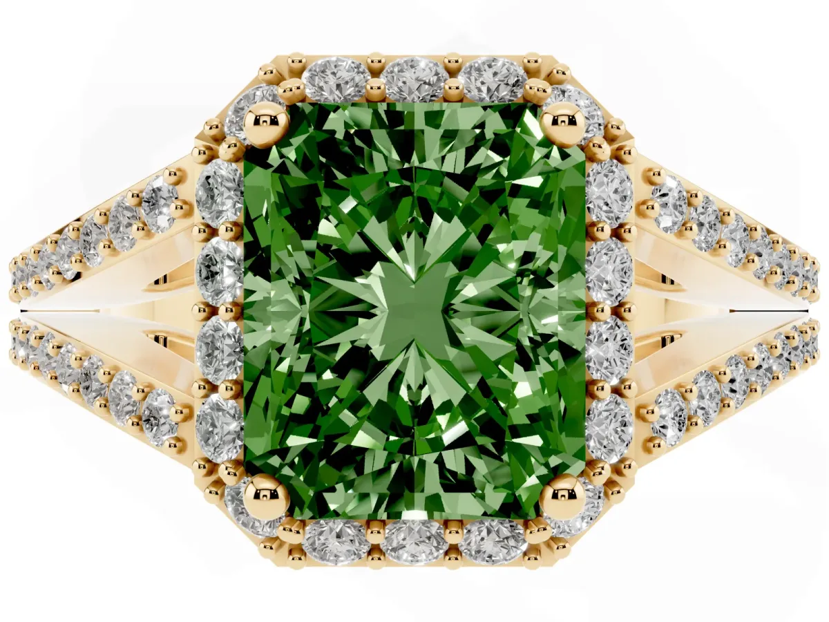 Fancy Green Radiant Cut Halo Split Shank Pave Diamond Ring with Four-Prong Setting Yellow gold