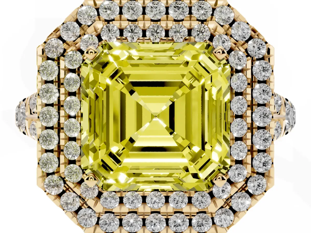 Fancy Yellow Asscher Cut Diamond Pavé Split Shank Double Halo Engagement Ring Yellow gold
