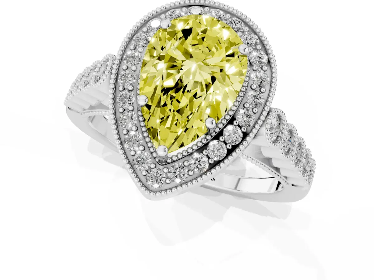 Fancy Yellow Pear Cut Halo Twist Band Solitaire Ring with Six-Prong Setting Silver