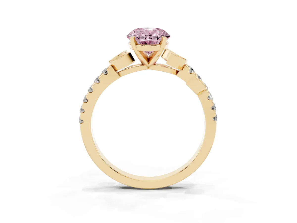 Fancy Pink Oval Cut Solitaire Leaf-Inspired Diamond Ring with Pavé Band and Four-Prong Setting Yellow gold
