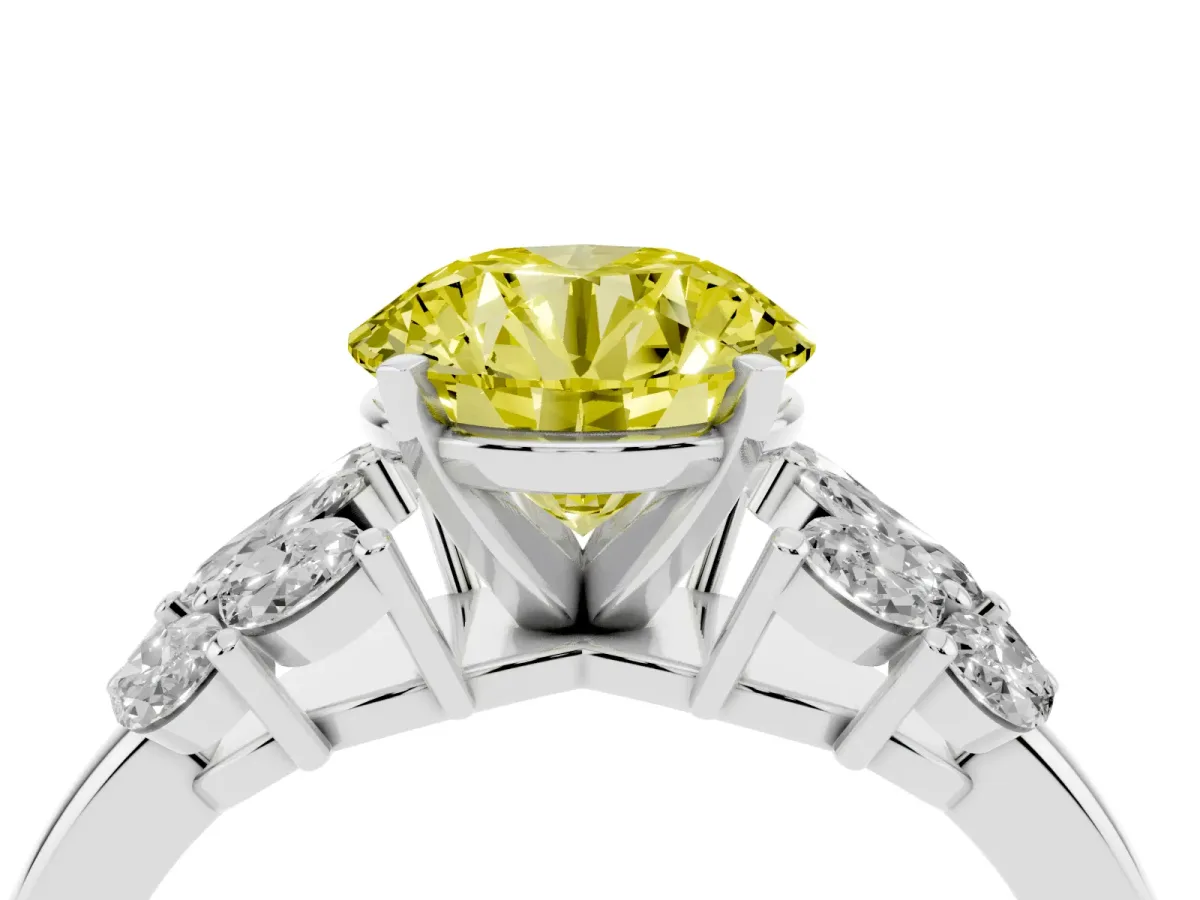 Fancy Yellow Round Cut Diamond Cluster Leaf Design Ring with Prong Setting Silver