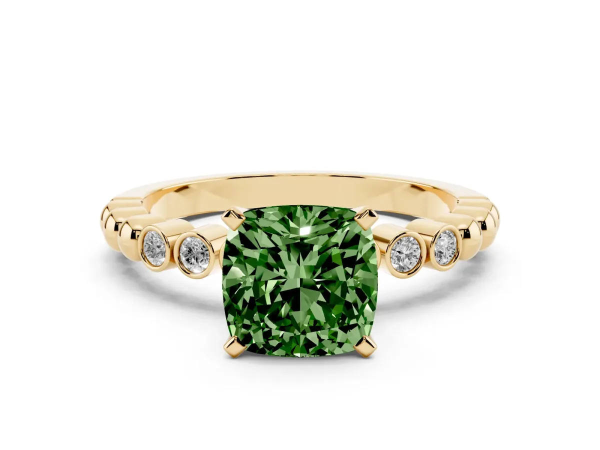 Fancy Green Cushion Cut Solitaire Bezel Accent Diamond Engagement Ring with Beaded Band and Four-Prong Setting Yellow gold