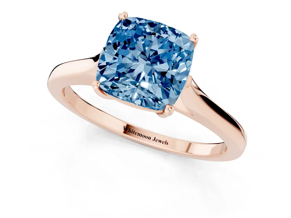 Fancy Blue Cushion Cut Solitaire Heart Prong Engagement Ring with Tapered Band Rose gold