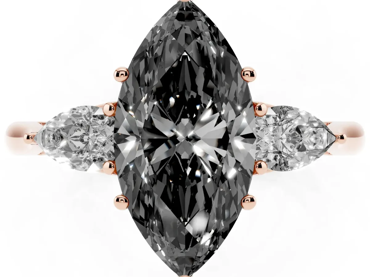 Fancy Black Marquise Cut Diamond Three-Stone Ring with Pear Side Stones and Prong Setting Rose gold