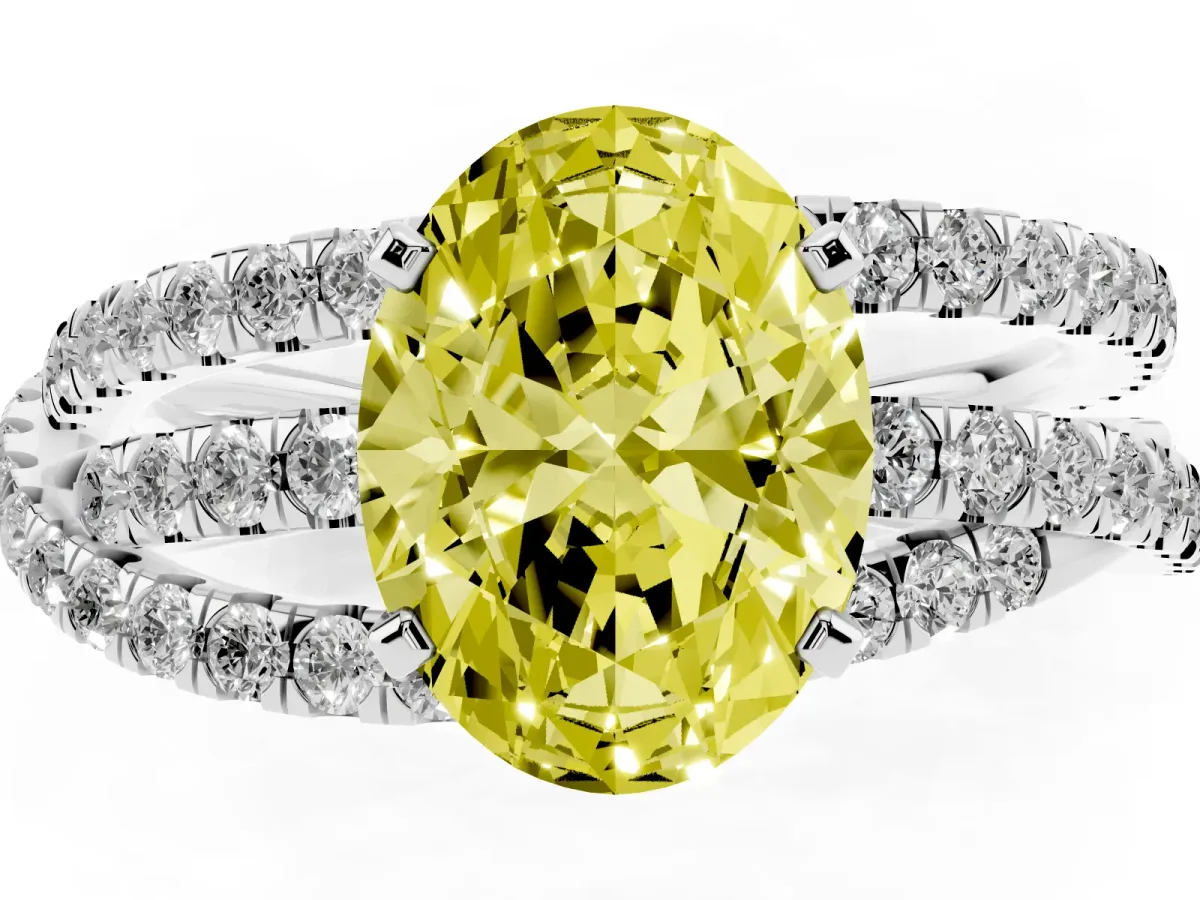 Fancy Yellow Oval Cut Solitaire Twist Band with Pavé Setting and Four-Prong Setting Silver