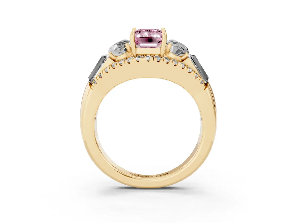 Fancy Pink Three-Stone Emerald Cut Diamond Engagement Ring with Pave Band and Prong Setting Yellow gold