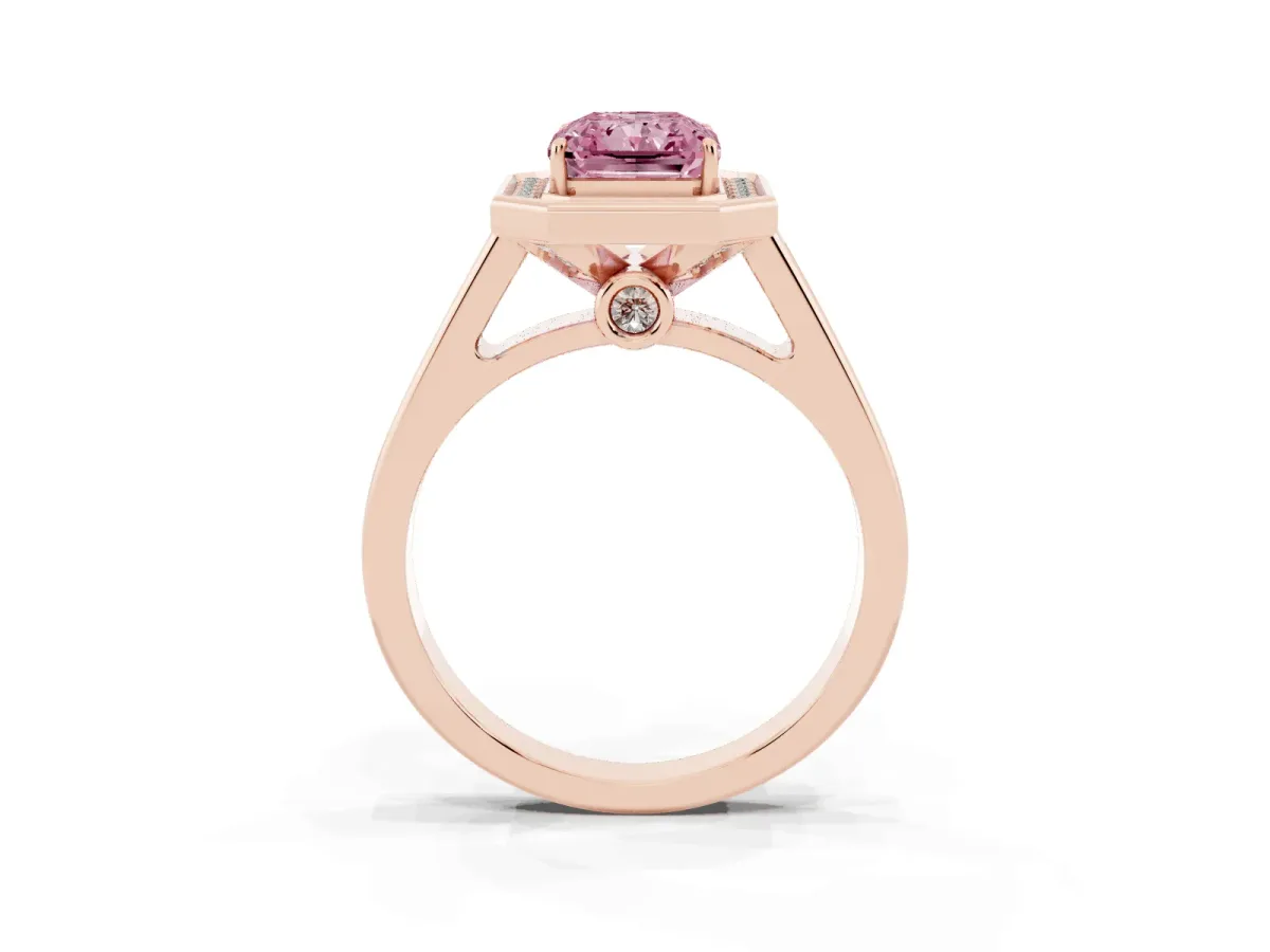 Fancy Pink Emerald Cut Halo Solitaire Diamond Ring with Pave Band and Bezel Setting Rose gold