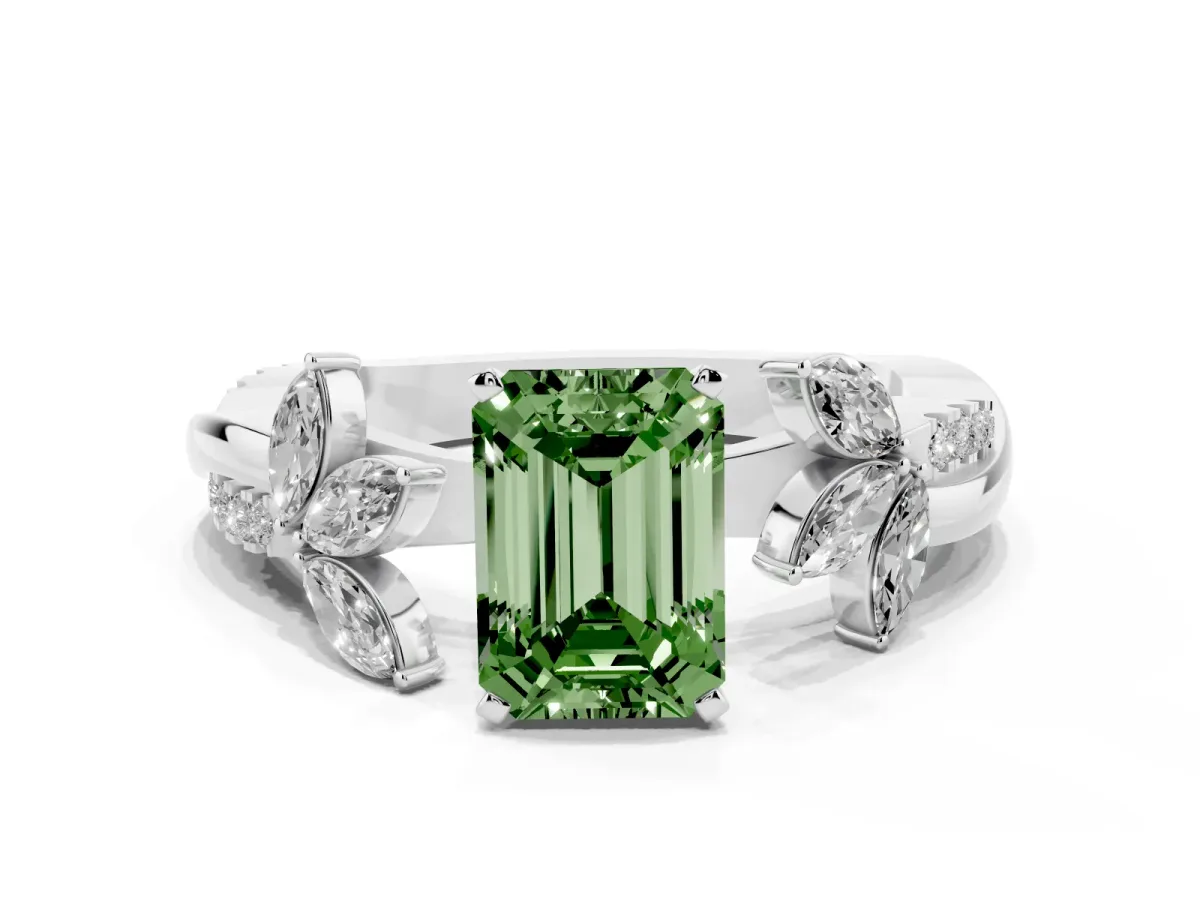 Fancy Green Emerald Cut Diamond Floral Vine Solitaire Engagement Ring Platinum