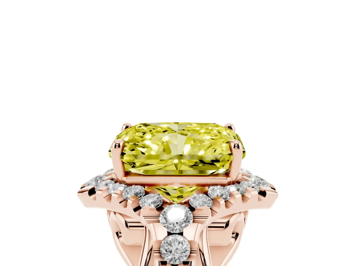 Fancy Yellow Radiant Cut Diamond Solitaire Ring with Hidden Halo and Pavé Band Rose gold