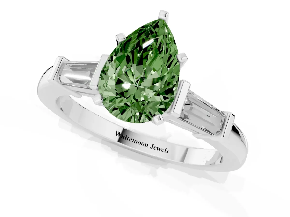 Fancy Green Pear Cut Cut Diamond Solitaire Ring with Tapered Baguette Accents and Four-Prong Setting Silver