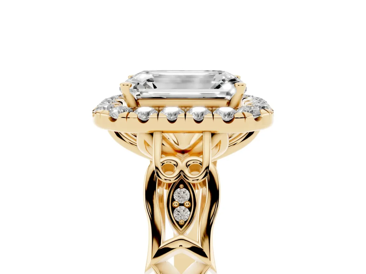 Emerald Cut Halo Diamond Engagement Ring with Filigree Band and Four-Prong Setting Yellow gold