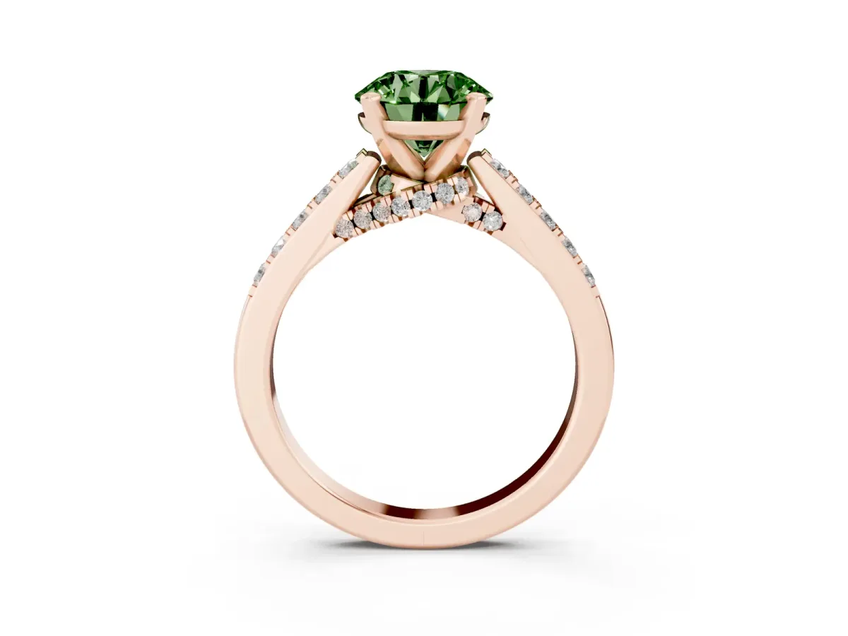 Fancy Green Round Cut Diamond Solitaire Ring with Crossover Gallery and Round Pavé Band Rose gold