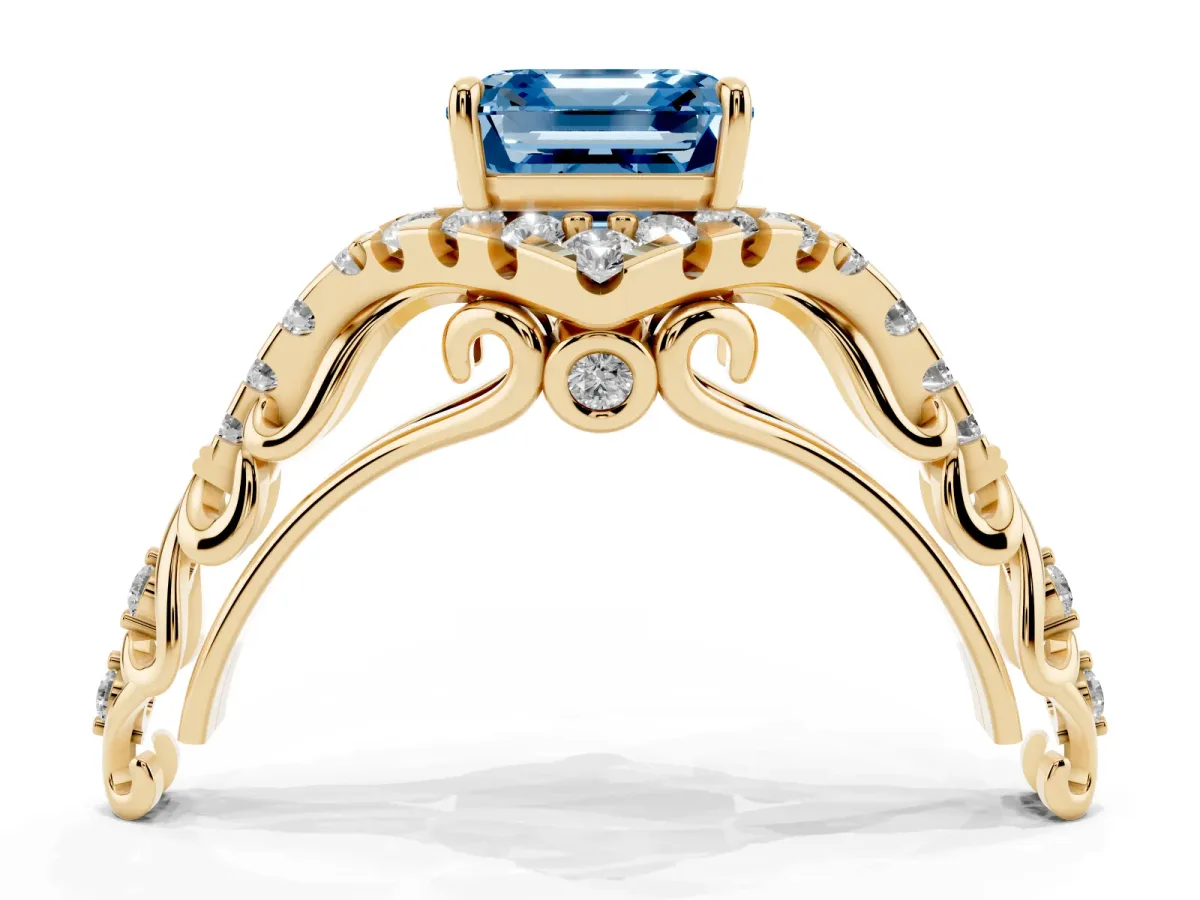 Fancy Blue Asscher Cut Diamond Solitaire Ring with Hidden Halo and Pavé Band Yellow gold