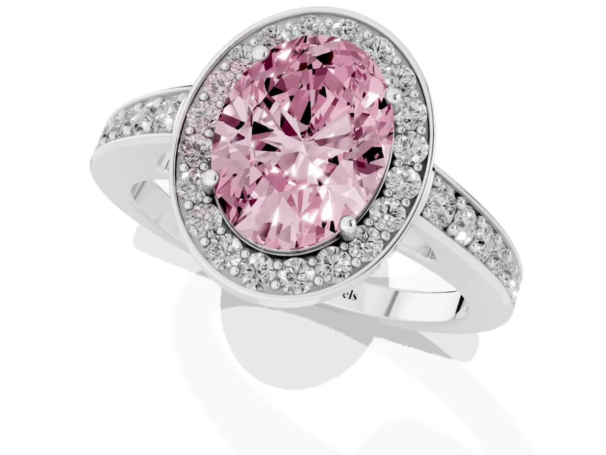 Fancy Pink Oval Cut Halo Pavé Diamond Engagement Ring with Bezel Setting Silver