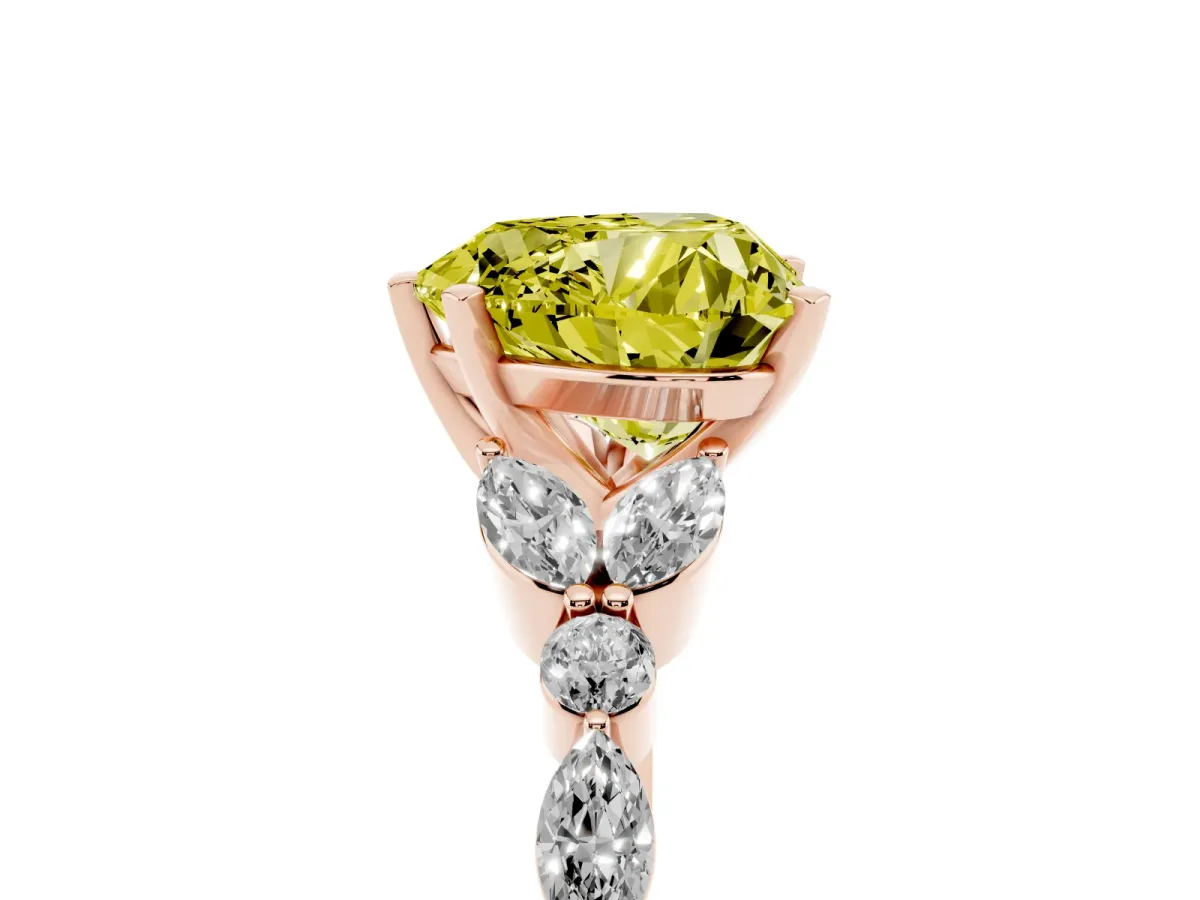Fancy Yellow Heart Cut Diamond Solitaire Ring with Side Stones and Four-Prong Setting Rose gold
