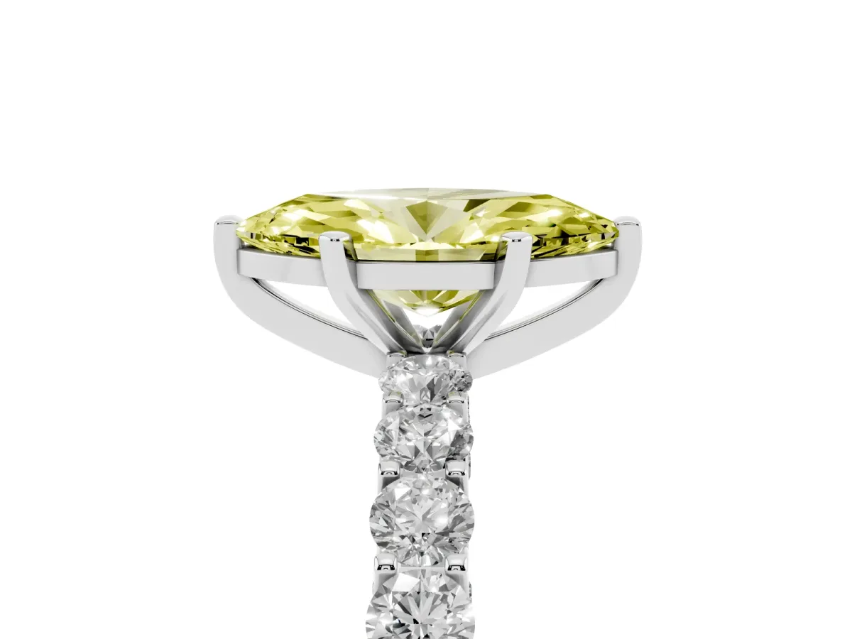 Fancy Yellow Marquise Cut Diamond Solitaire Ring with Shared Prong Pavé Band and Four-Prong Setting Silver