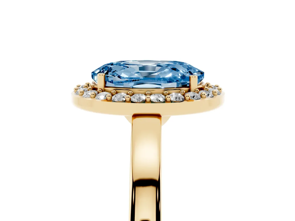 Fancy Blue Oval Cut Halo Diamond Ring with Solitaire Band and Prong Setting Yellow gold