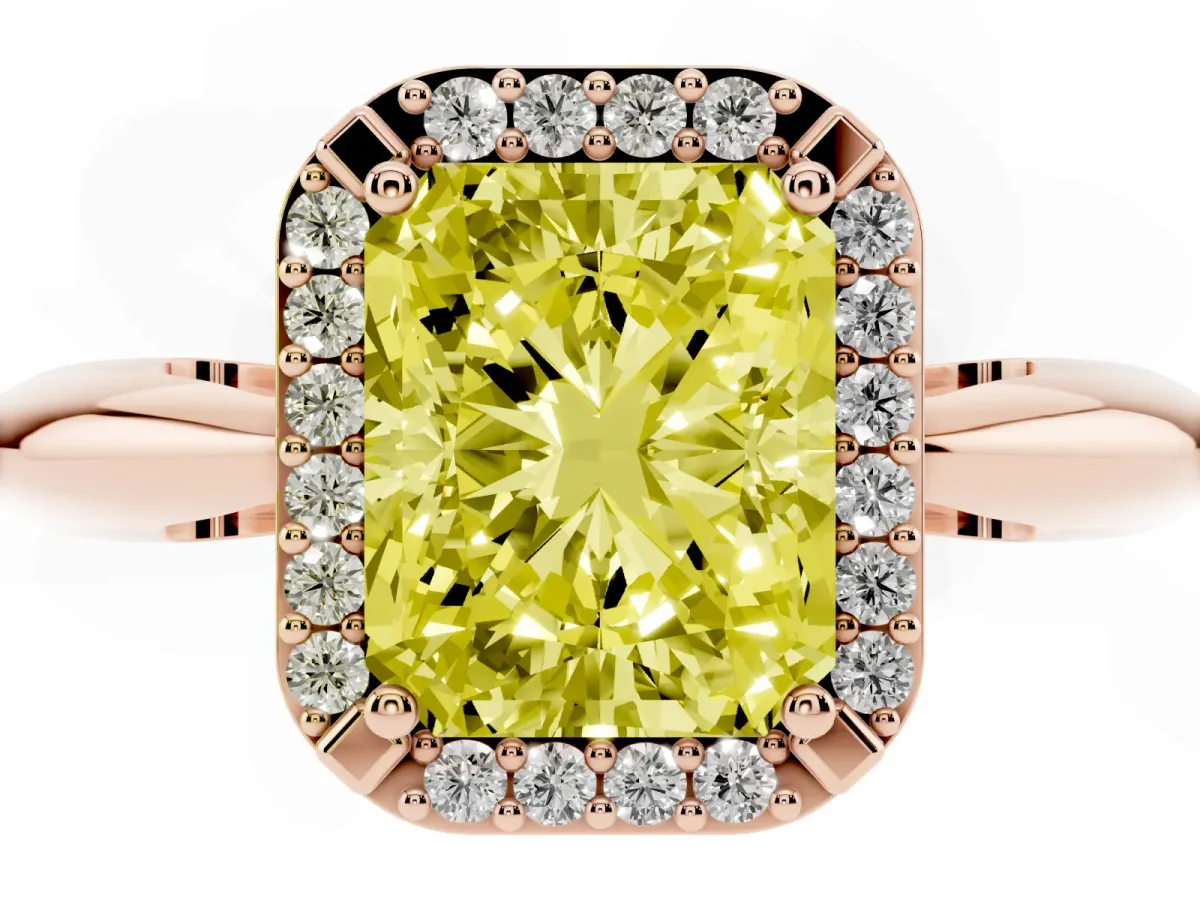 Fancy Yellow Radiant Cut Cut Diamond Halo Engagement Ring with Split Shank and Four-Prong Setting Rose gold