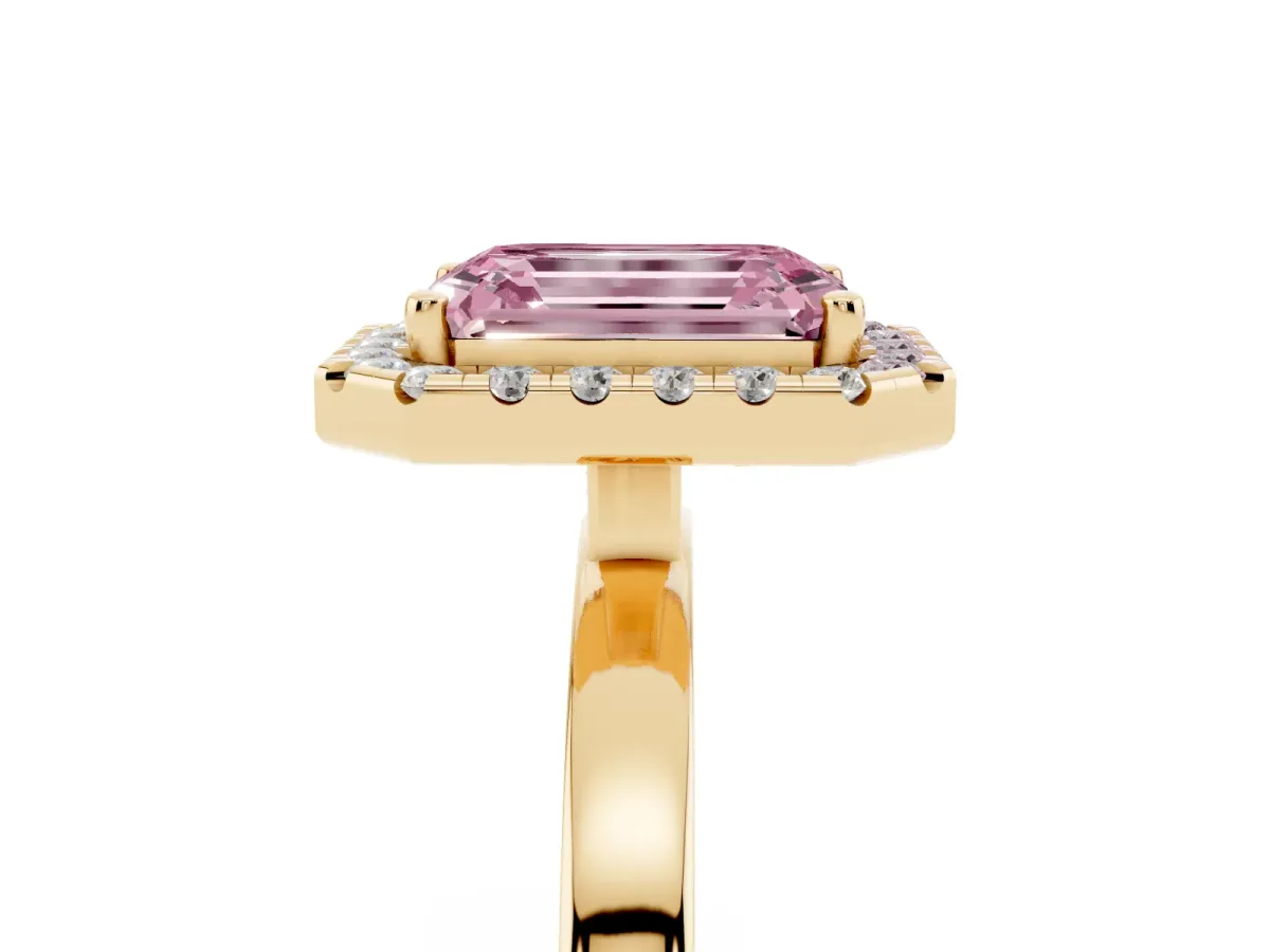 Fancy Pink Emerald Cut Halo Diamond Solitaire with Pavé Band and Four-Prong Setting Yellow gold