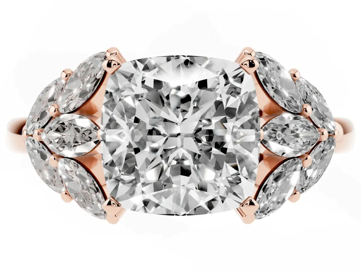 Cushion Cut Diamond Cluster Leaf Design Ring with Prong Setting Rose gold