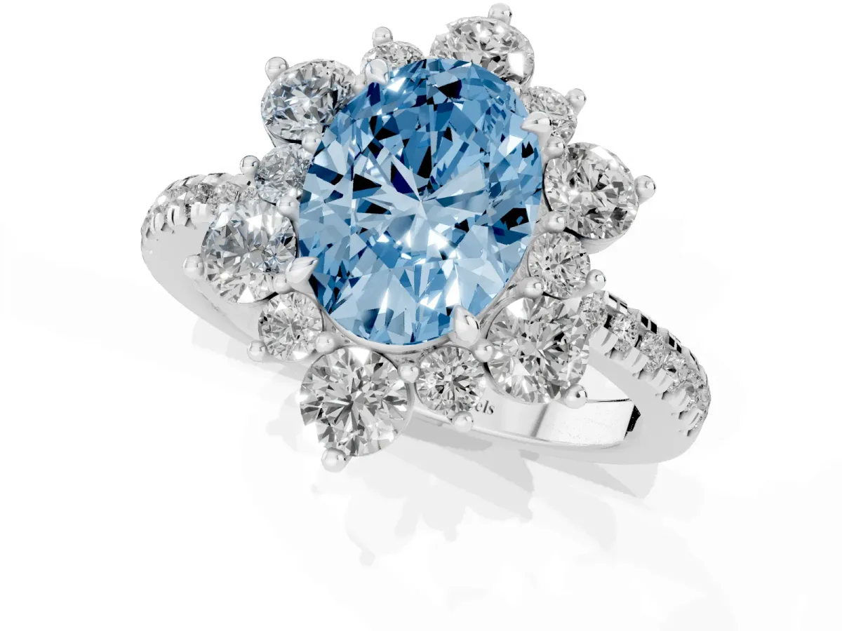 Fancy Blue Oval Cut Diamond Floral Halo Ring with Round Pavé Band and Prong Setting White gold