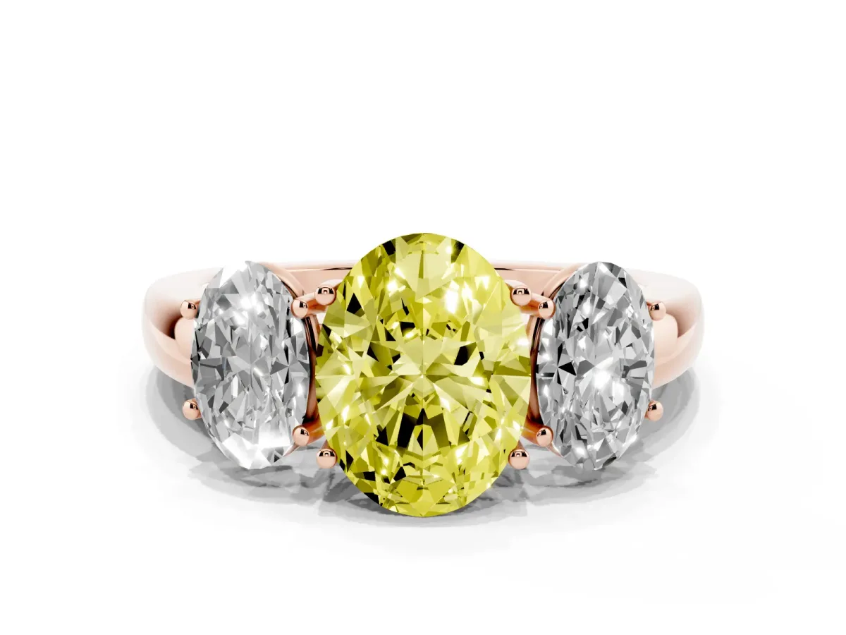 Fancy Yellow Oval Cut Diamond Three-Stone Ring with Four-Prong Setting and Classic Band Rose gold
