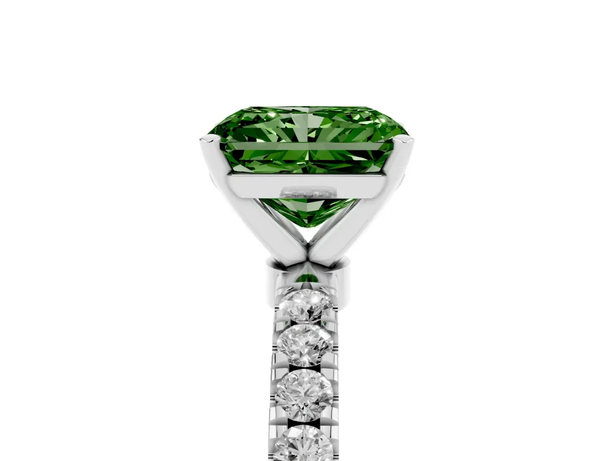 Fancy Green Radiant Cut Diamond Solitaire Ring with Pavé Accents and Four-Prong Setting Silver