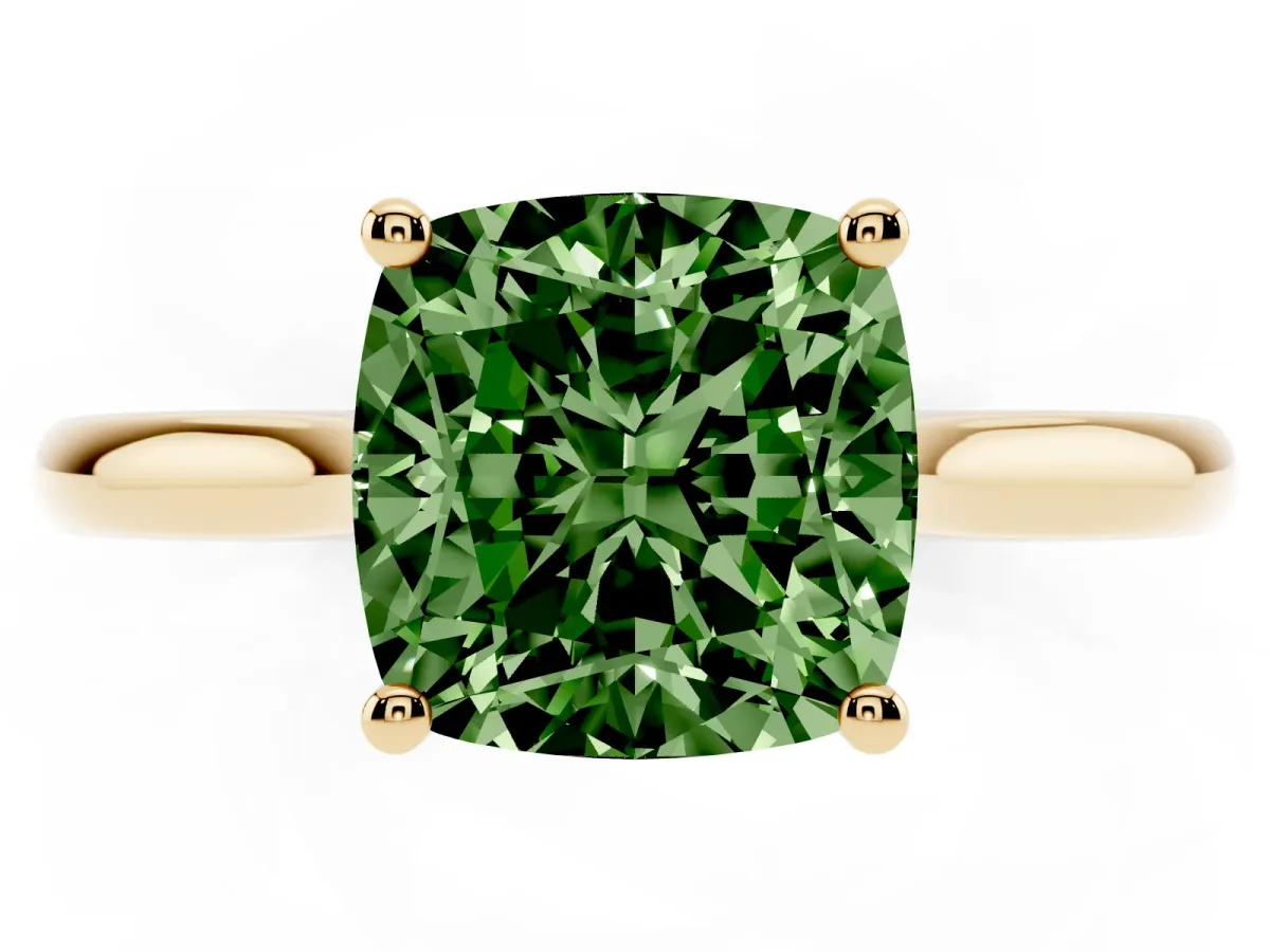 Fancy Green Cushion Cut Cut Solitaire Ring with Cathedral Band and Four-Prong Setting Yellow gold