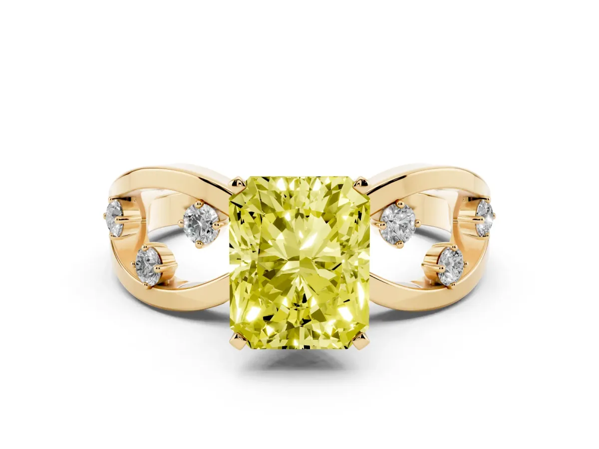 Fancy Yellow Radiant Cut Cut Solitaire Diamond with Side Stones on Criss-Cross Band and Four-Prong Setting Yellow gold
