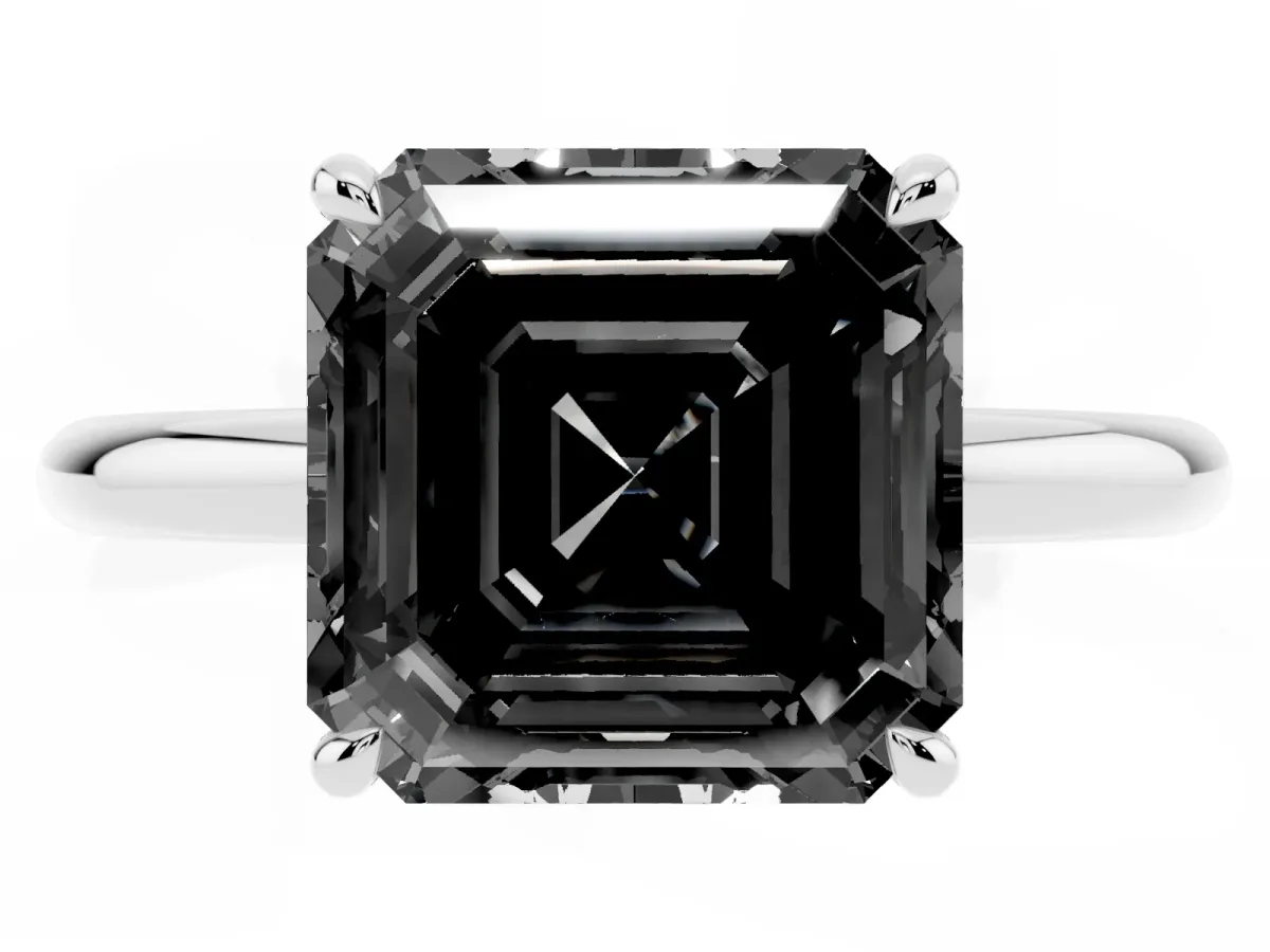 Fancy Black Asscher Cut Diamond Solitaire Ring with Thin Band and Four-Prong Setting Silver
