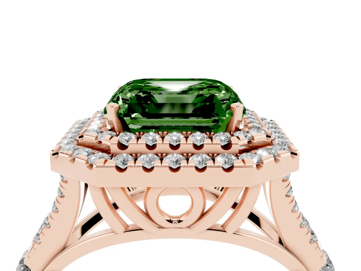 Fancy Green Asscher Cut Diamond Pavé Split Shank Double Halo Engagement Ring Rose gold