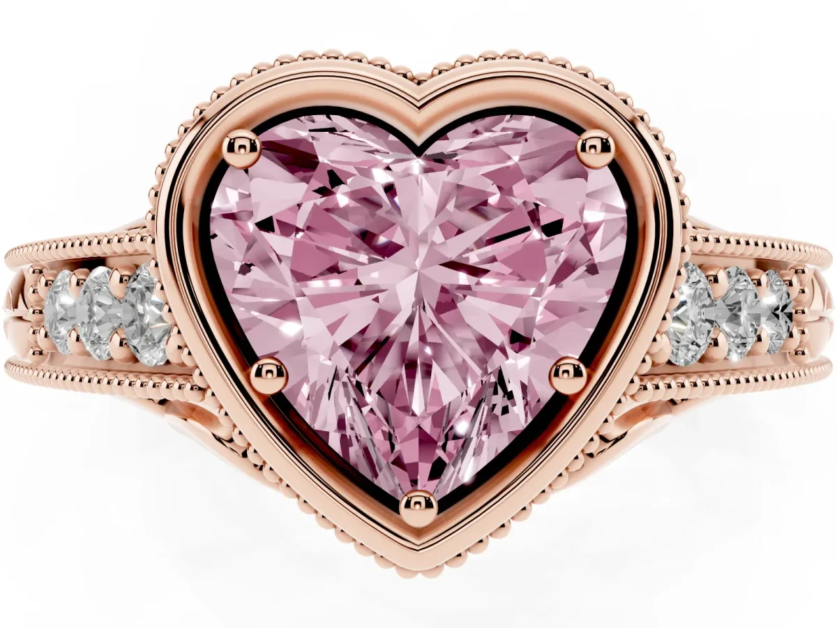 Fancy Pink Bezel Set Heart Cut Diamond Milgrain Pave Engagement Ring Rose gold