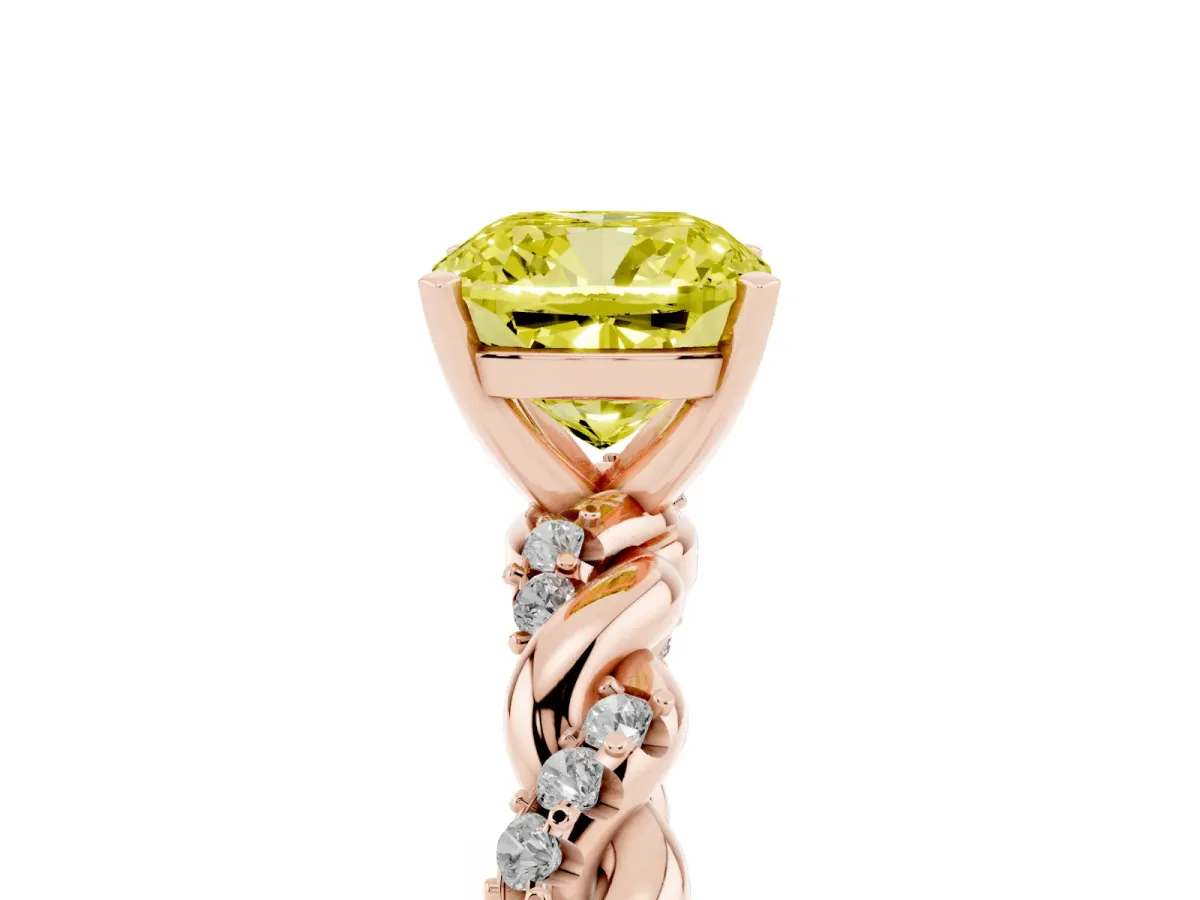 Fancy Yellow Cushion Cut Diamond Solitaire Ring with Twisted Band and Pavé Accents Rose gold