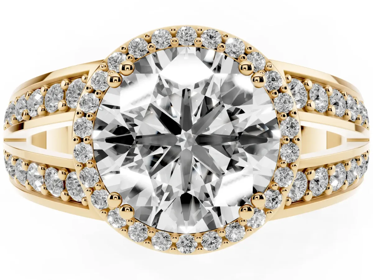 Round Cut Diamond Halo Ring with Split Shank Pavé Band and Four-Prong Setting Yellow gold