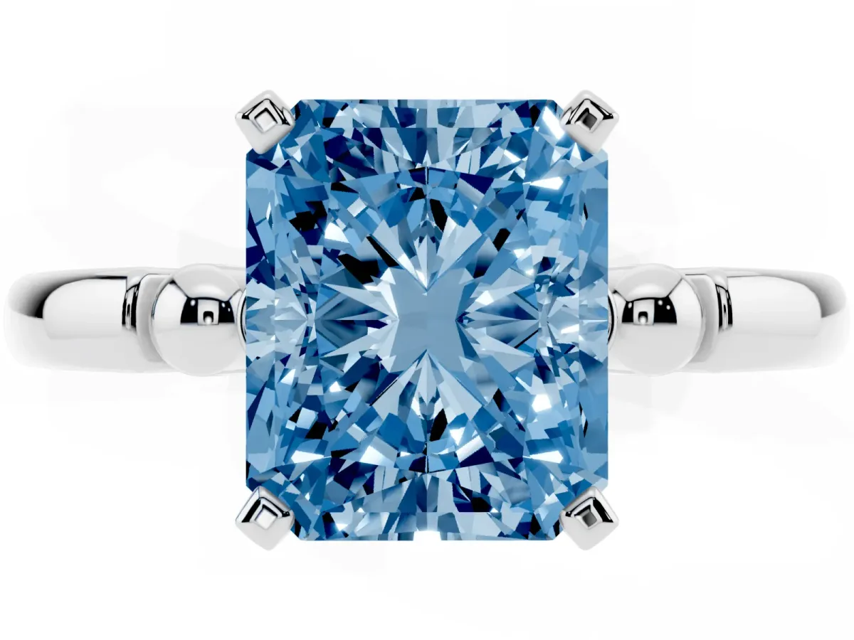 Fancy Blue Radiant Cut Solitaire Beaded Band with Four-Prong Setting White gold