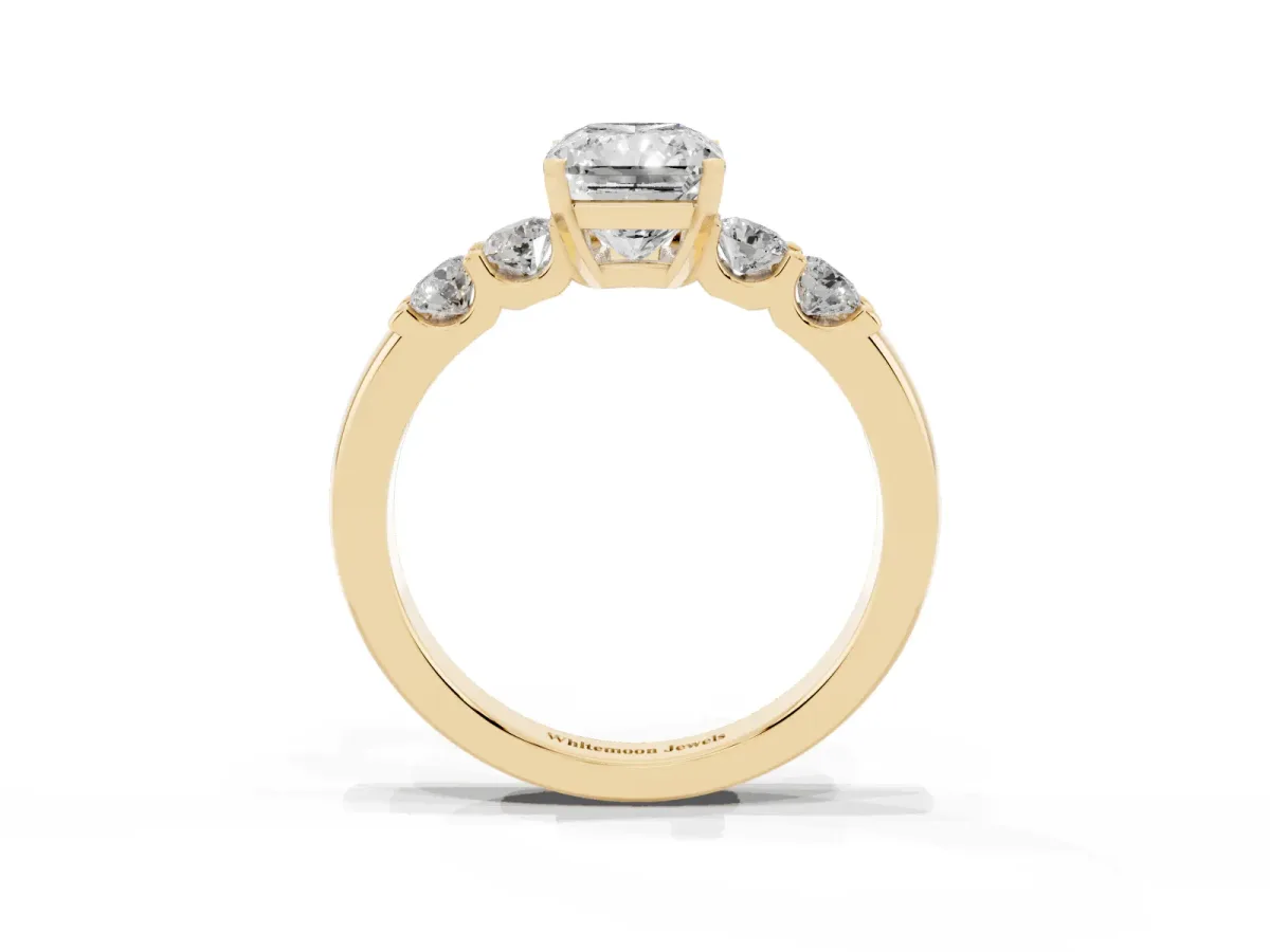Radiant Cut Brilliant Cut Diamond Five-Stone Prong Set Engagement Ring with Channel Band Yellow gold