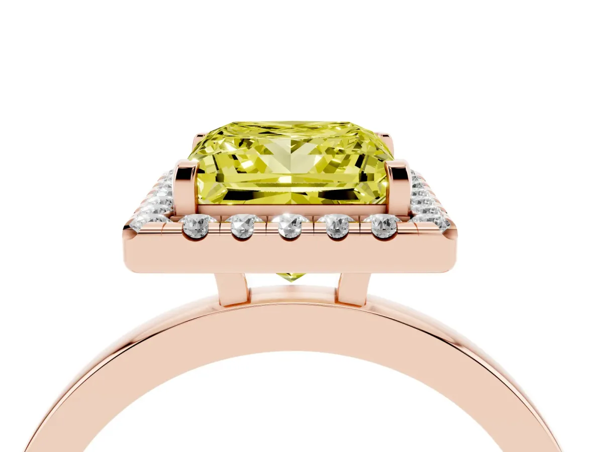 Fancy Yellow Princess Cut Halo Diamond Solitaire with Pavé Band and Four-Prong Setting Rose gold