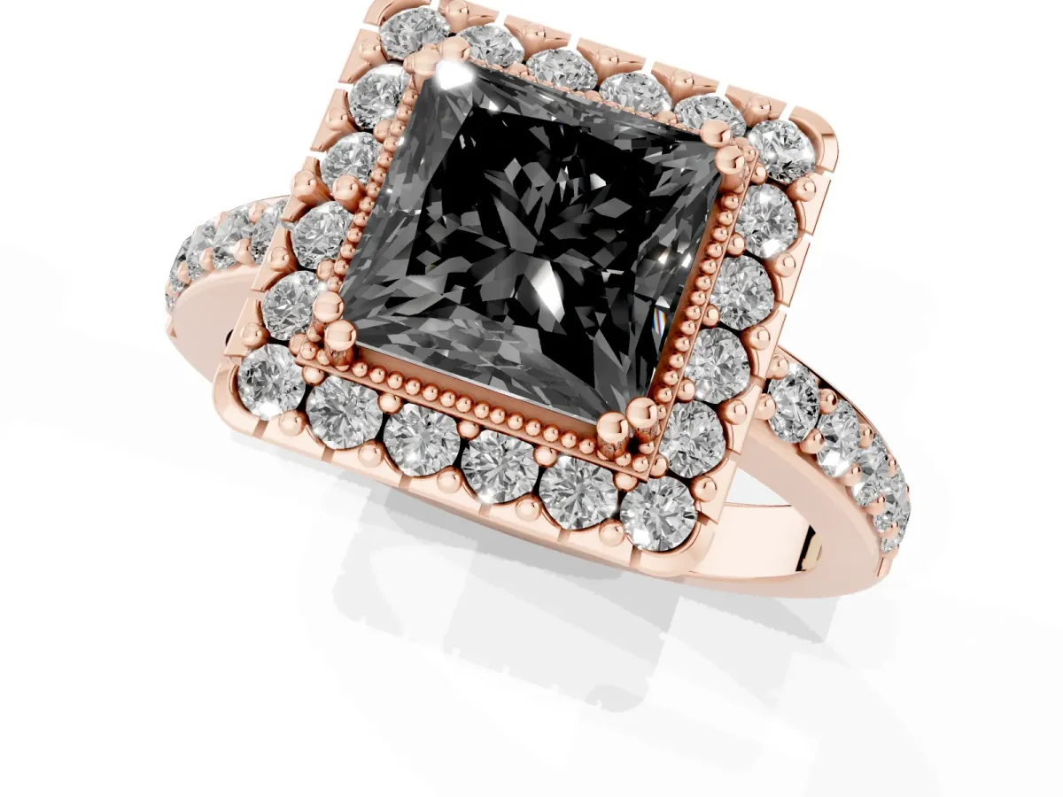 Fancy Black Princess Cut Diamond Halo Ring with Pavé Band and Prong Setting Rose gold