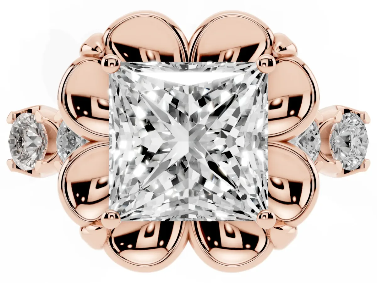 Princess Cut Cut Diamond Floral Halo Engagement Ring with Shared Prong Setting Rose gold
