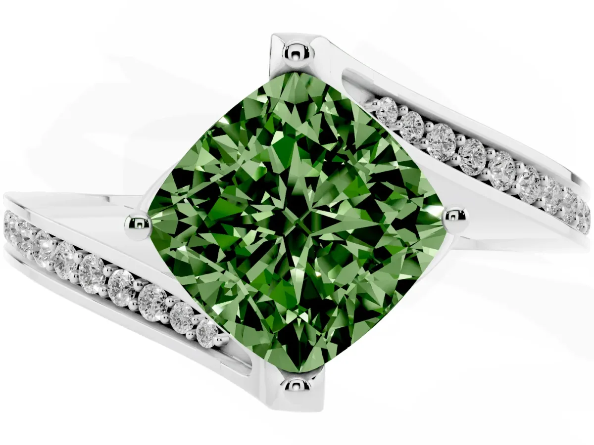 Fancy Green Cushion Cut Solitaire Diamond Twist Band with Pavé Setting and Four-Prong Setting Silver