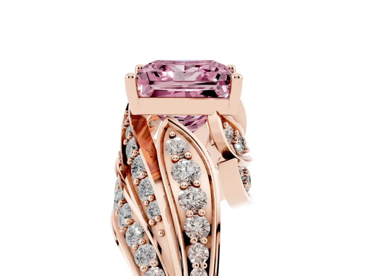 Fancy Pink Princess Cut Diamond Solitaire Ring with Prong Setting and Twisted Pavé Band Rose gold