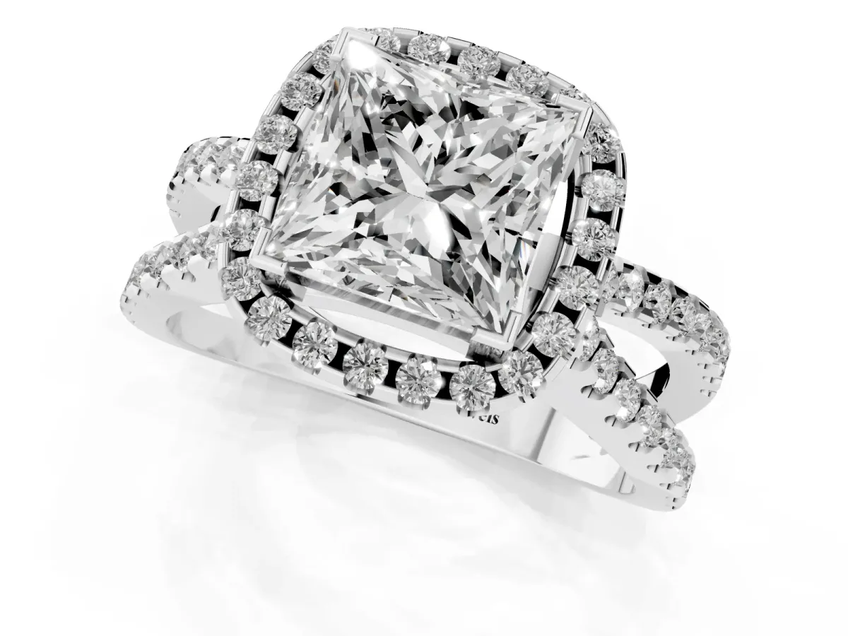 Princess Cut Diamond Halo Ring with Split Shank Pavé Band and Prong Setting Silver