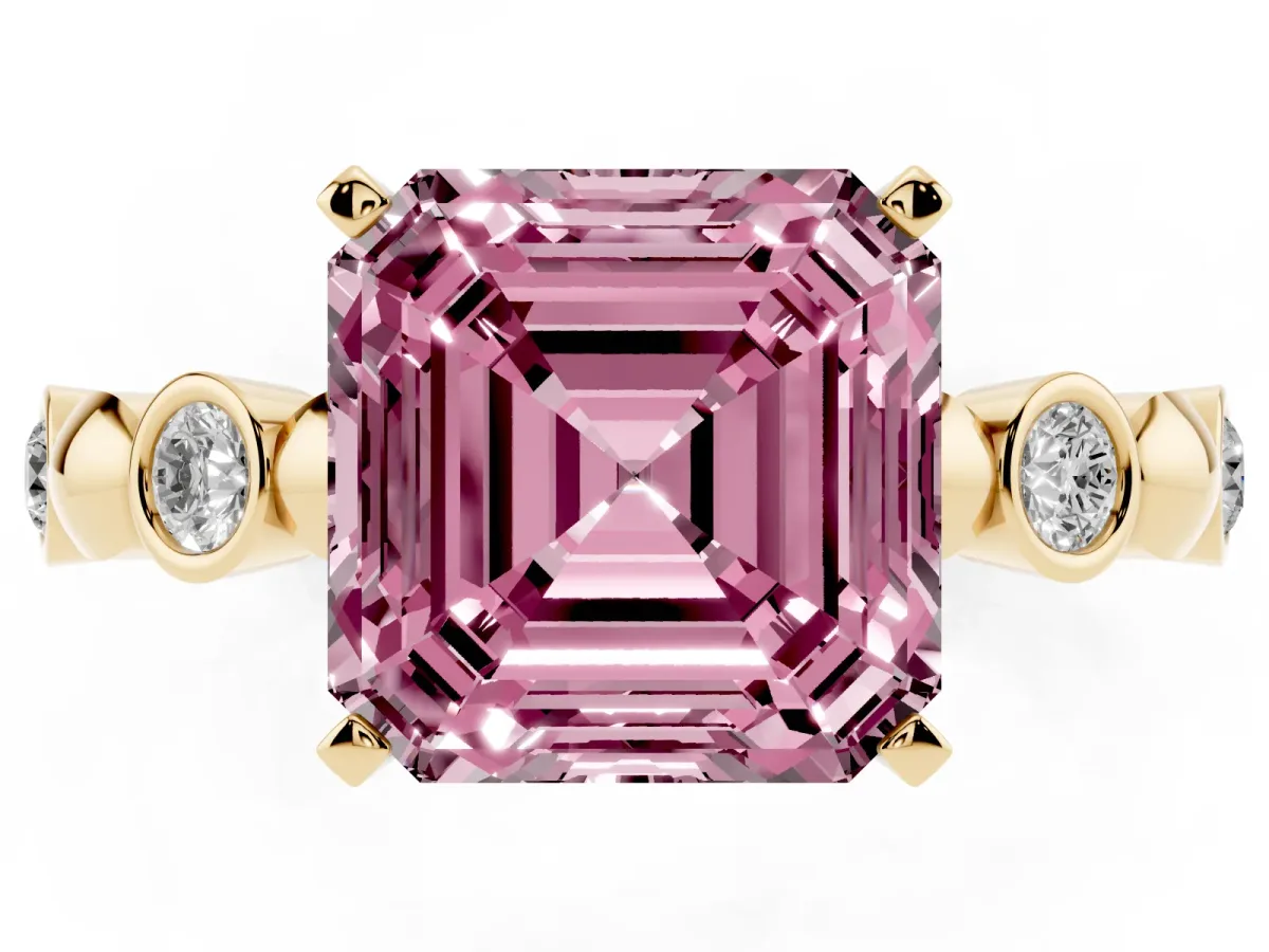 Fancy Pink Asscher Cut Solitaire Bezel-Set Diamond Ring with Beaded Band and Four-Prong Setting Yellow gold