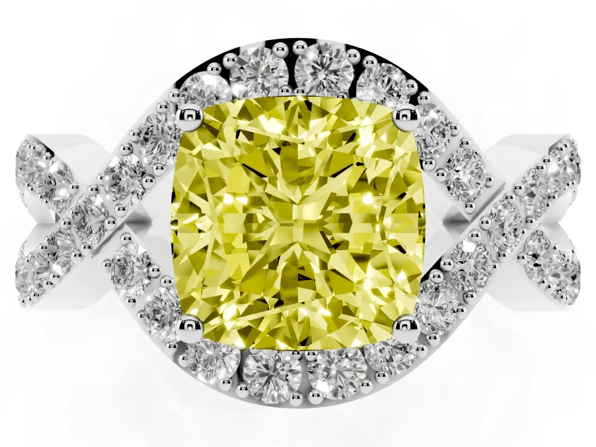 Fancy Yellow Cushion Cut Solitaire Twist Band Pavé Diamond Engagement Ring Silver