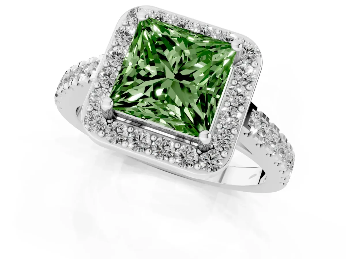 Fancy Green Princess Cut Diamond Halo Ring with Round Pavé Split Shank and Prong Setting White gold