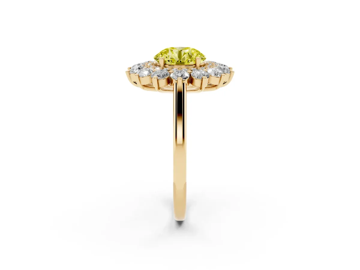 Fancy Yellow Round Cut Diamond Floral Double Halo Engagement Ring with Prong Setting Yellow gold