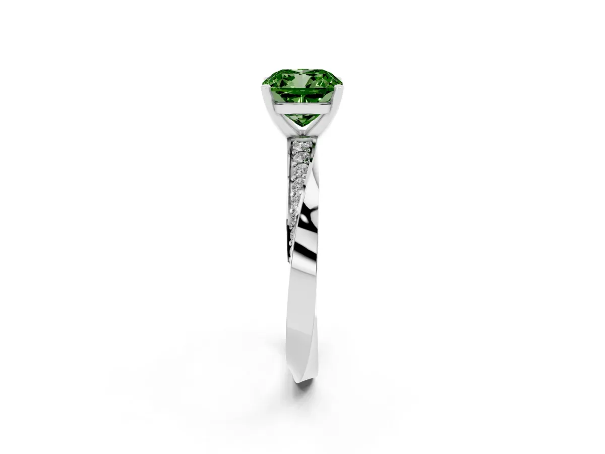 Fancy Green Cushion Cut Diamond Engagement Ring with Side Stone Accents and Four-Prong Setting Silver