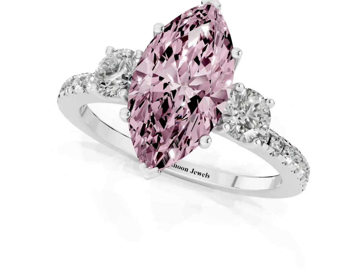 Fancy Pink Three-Stone Marquise Cut Cut Diamond Pavé Band with Prong Setting Silver