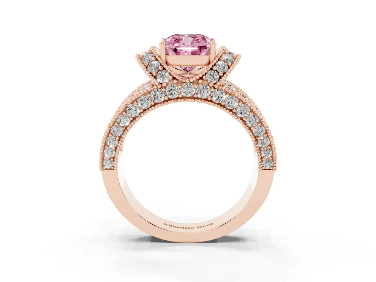 Fancy Pink Cushion Cut Halo Pave Diamond Engagement Ring with Milgrain Detailing Rose gold